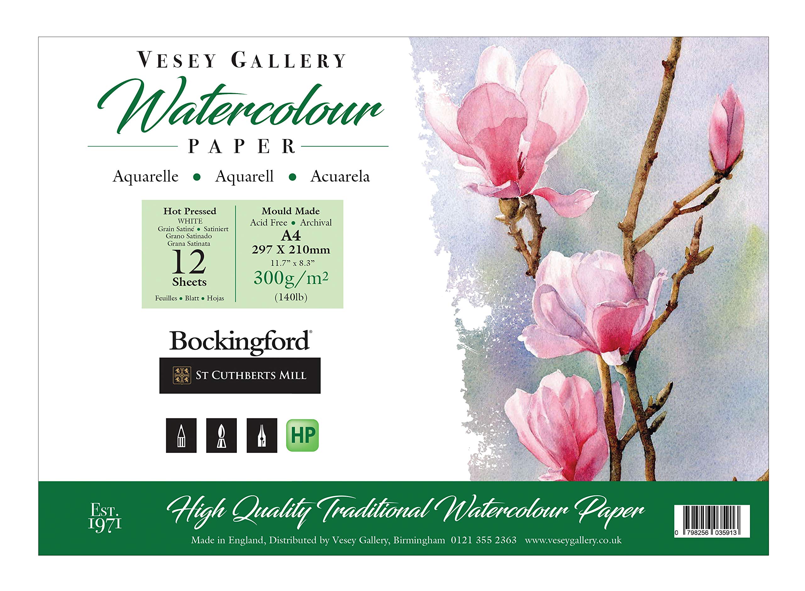 Vesey Gallery Artist Water Colour Pad. A4. 12 Sheets 300gsm. Made in UK. (Hot Press Finish)