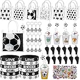 Sweetude 132 Pcs Soccer Party Favors Gifts Soccer Goodie Bags Favors Sports Team Gifts Include Cups with Lids Straws Gift Bags Keychain Silicone Wristbands Stickers Whistles for Birthday Decor