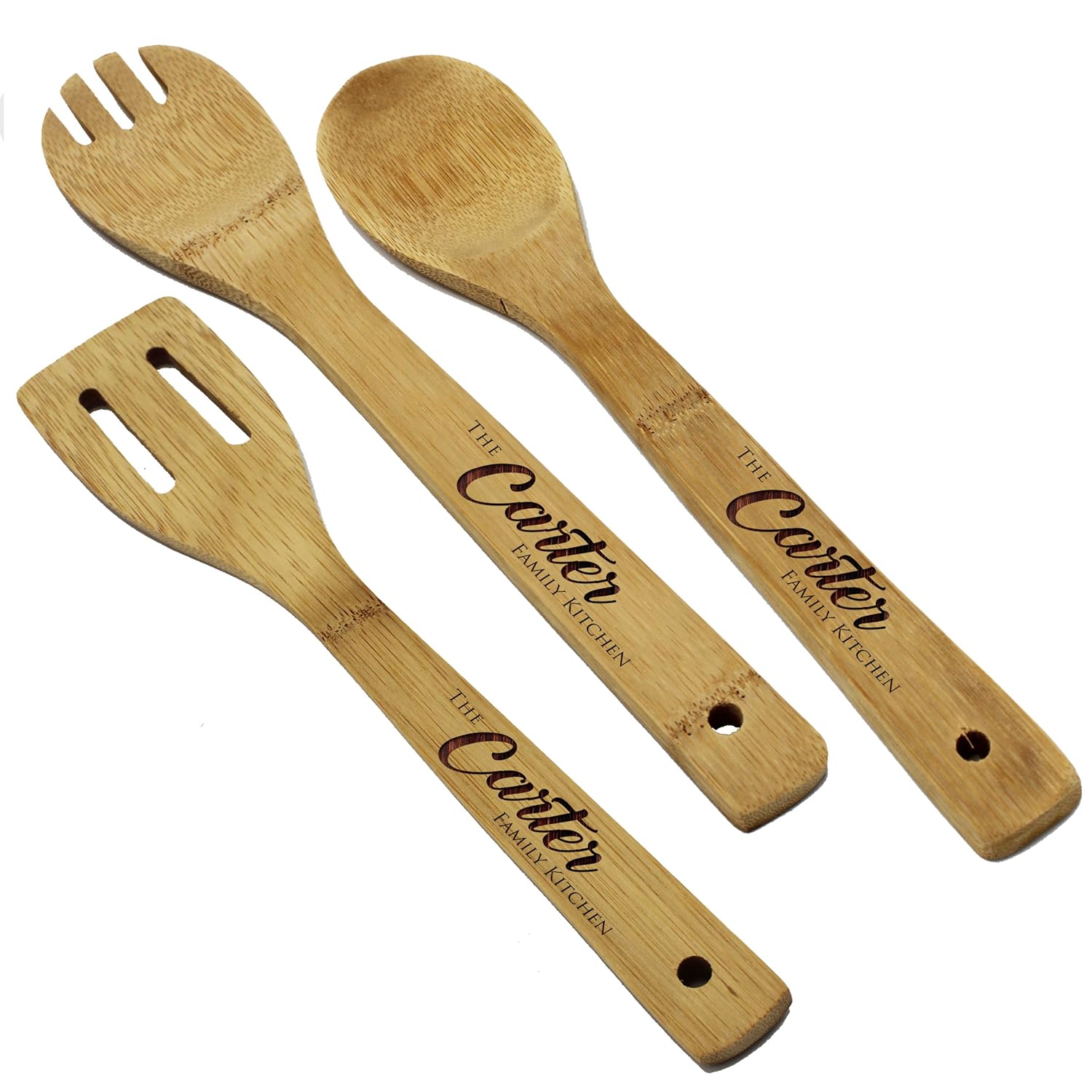 Custom Personalized Wooden Bamboo Kitchen Utensil Set - Engraved Spoon, Spatula, Spork - Housewarming Couples Gifts