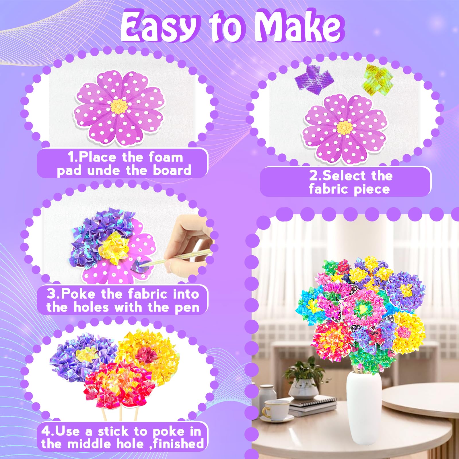 Poke Art Bastelset Kinder ab 4 Jahre,DIY-Einschulung Geschenke für Mädchen Spielzeug 5-12Jahre Kindergeburtstag Kunstblumenstrauß Blumen Bastelkoffer Blumenstrauß mit Pailletten Kreativ Set für Kinder 3