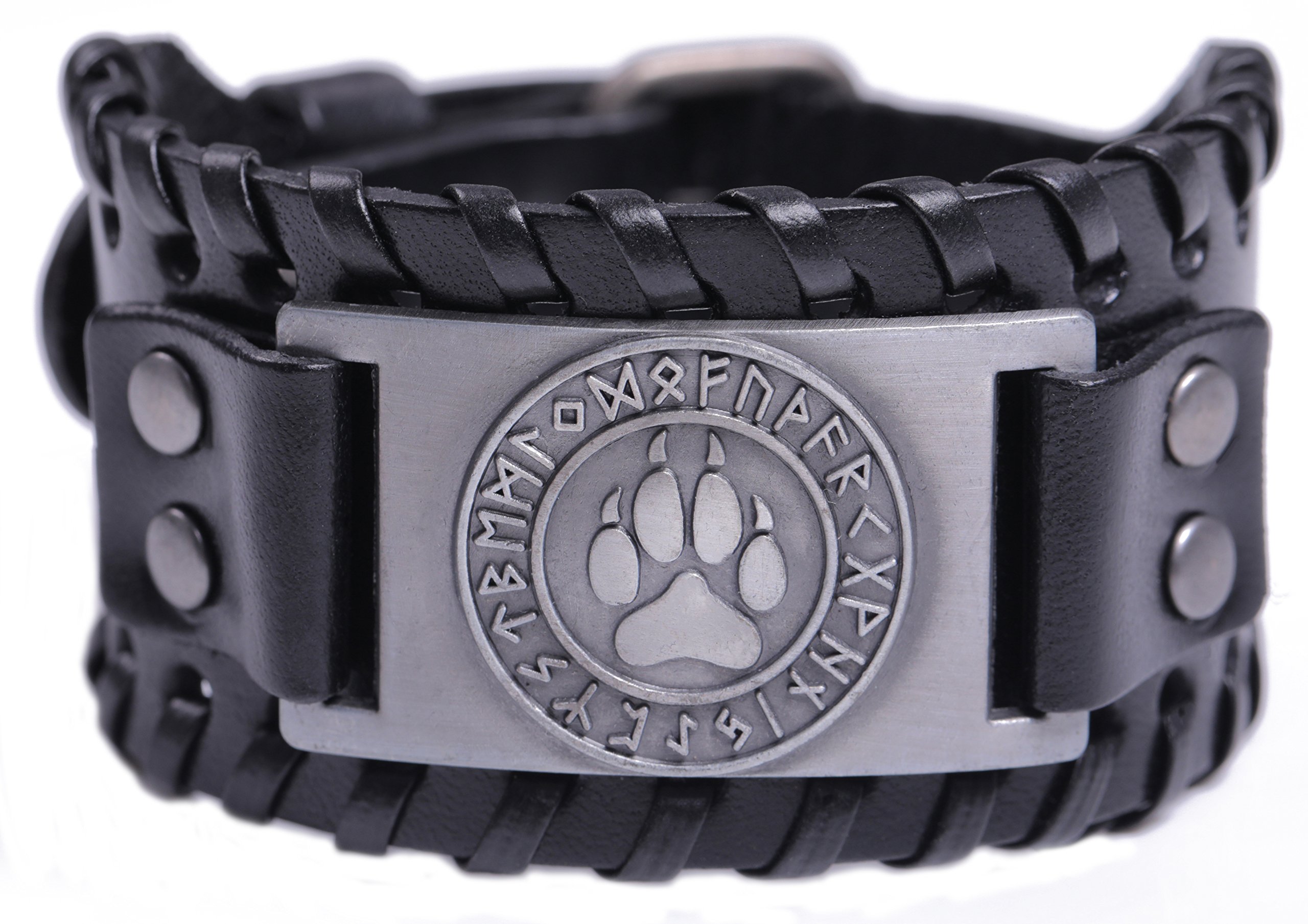 Viking Wolf Paw Claw Norse Runes Leather Bracelet for Men Women Amulet Jewelry, Leather, no gemstone