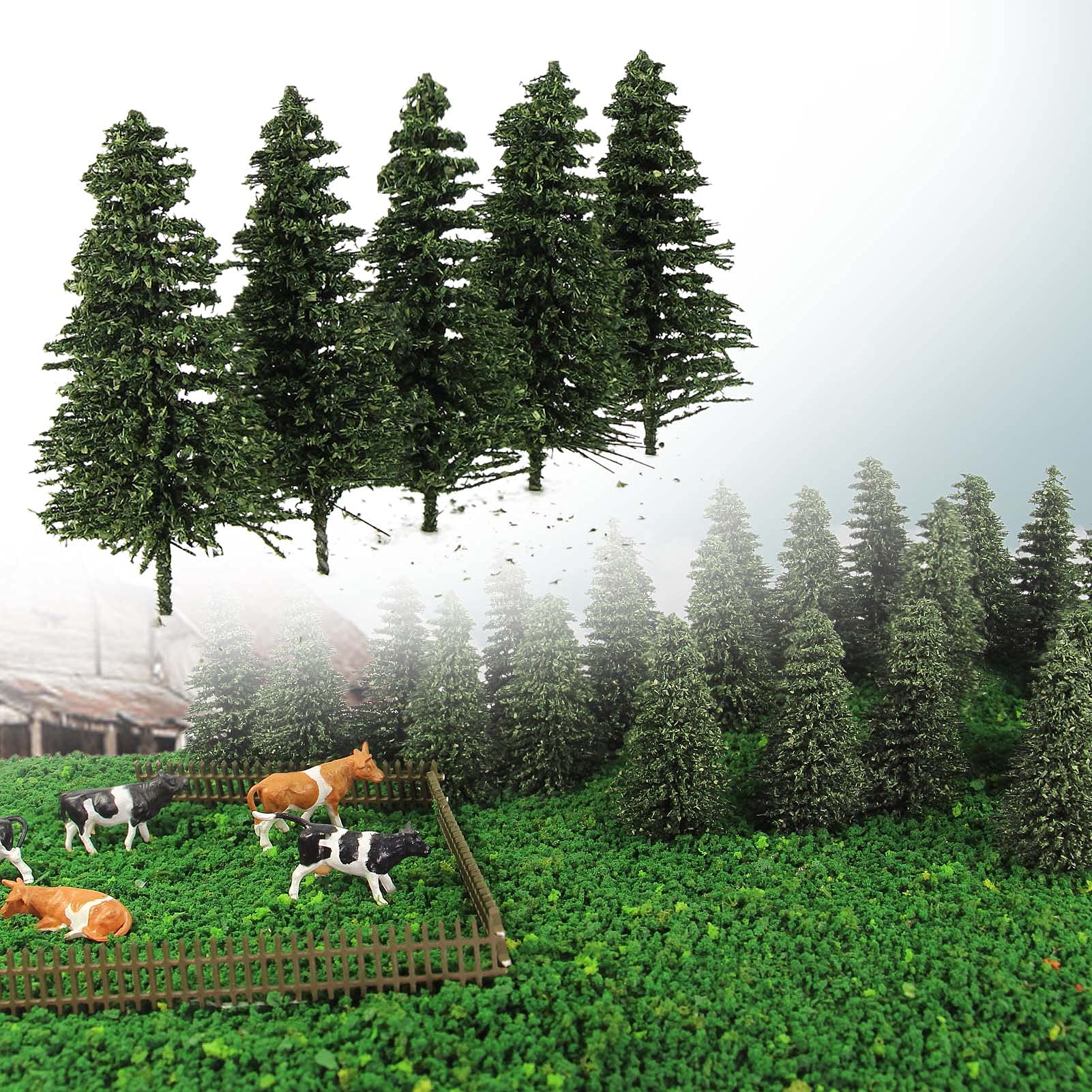 Evemodel S0805 50PCS Dark Green Pine Model Cedar Trees 52mm for Model Railroad Scenery Landscape Layout HO OO Scale — image 1