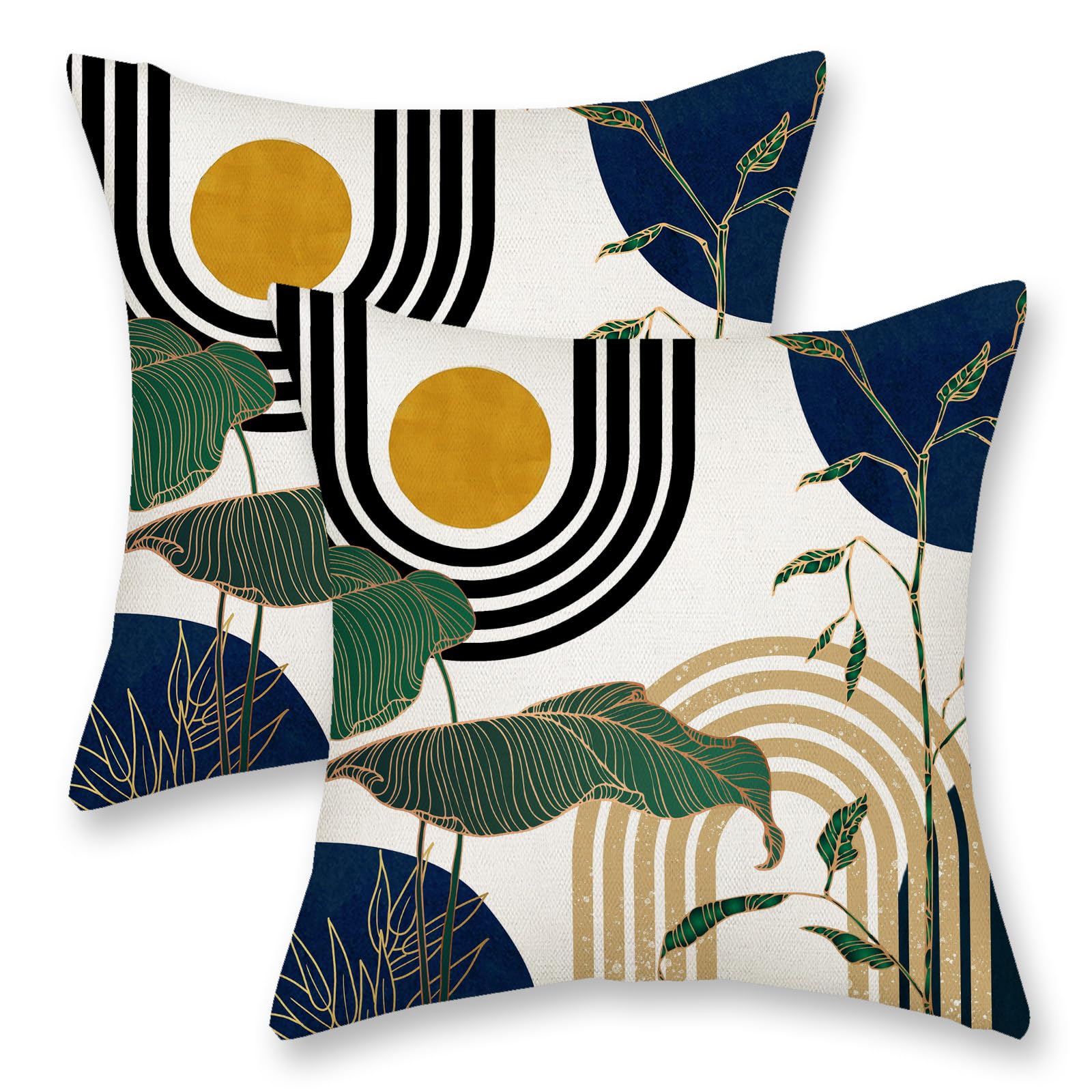DAFENA Navy Blue Yellow Boho Pillow Covers 18x18 Inch 2 Pcs Tropical Leaf Mid Century Summer Outdoor Decor Throw Pillows Modern Geometry Farmhouse Decoration Pillowcase Linen Cushion Cover for Couch