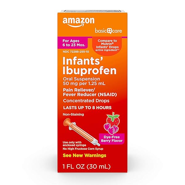AMAZON BASIC CARE INFANTS’ IBUPROFEN ORAL SUSPENSION, 50 MG/1.25 ML, BERRY FLAVOR CONCENTRATED DROPS, DYE-FREE, 1 FL OZ (PACK OF 1)