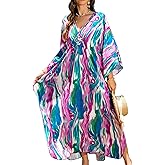 Yanziliu Kaftan Dresses Plus Size V-Neck Women's Swimwear Cover Ups Tie Dye Batwing Sleeves Mumu Caftan Dress