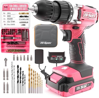 Hi-Spec 58pc 18V Pink Cordless Drill Driver Set Ladies Power Tool Rechargeable