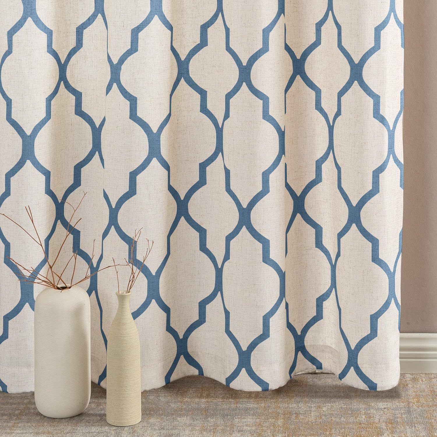 JINCHAN Moroccan Tile Print Curtains for Living Room Quatrefoil Flax Linen Blend Textured Geometry Lattice Grommet Window Treatment Set for Bedroom 50" W x 45" L 2 Panels Blue on Beige: Kitchen & Dining