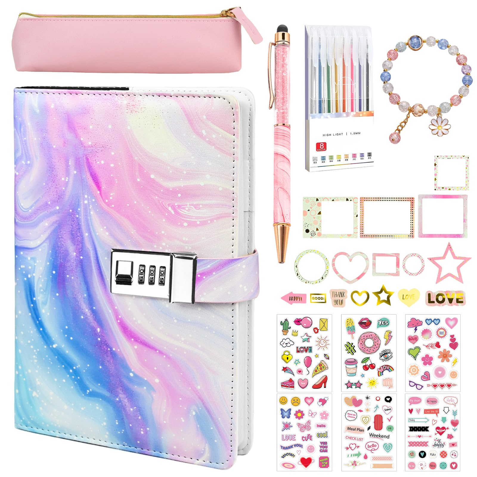 Diary with Lock for Girls, A5 PU Leather Journal with Lock,360 Pages Lockable Notebook Kids Diary,Password Locked Journals with Pen Stickers Pencil Case,Lockable Secret Diary for Girls Ages 6-14(Pink)