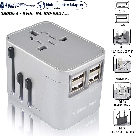Travel Plug Adapter (Chrome) 4 USB Ports European Outlet