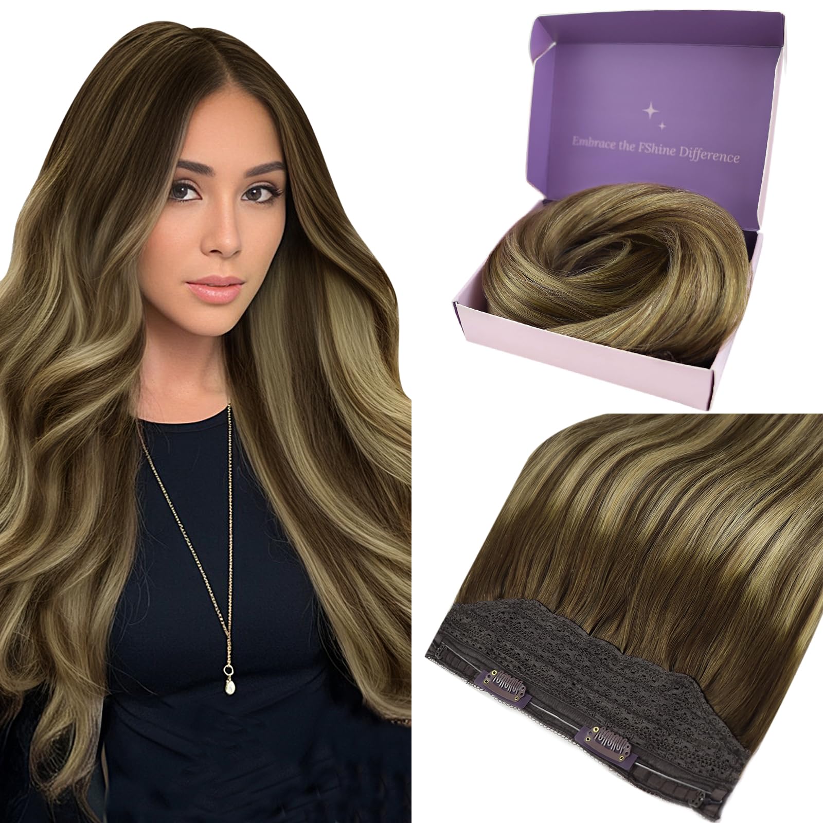 Fshine Wire Hair Extensions 14 Inch 70 Gram Dark Brown Fading to Caramel Blonde Highlight with Dark Brown Fish Line Human Hair Extensions Balayage Secret Hair Extensions Fish Line Hair โ image 1