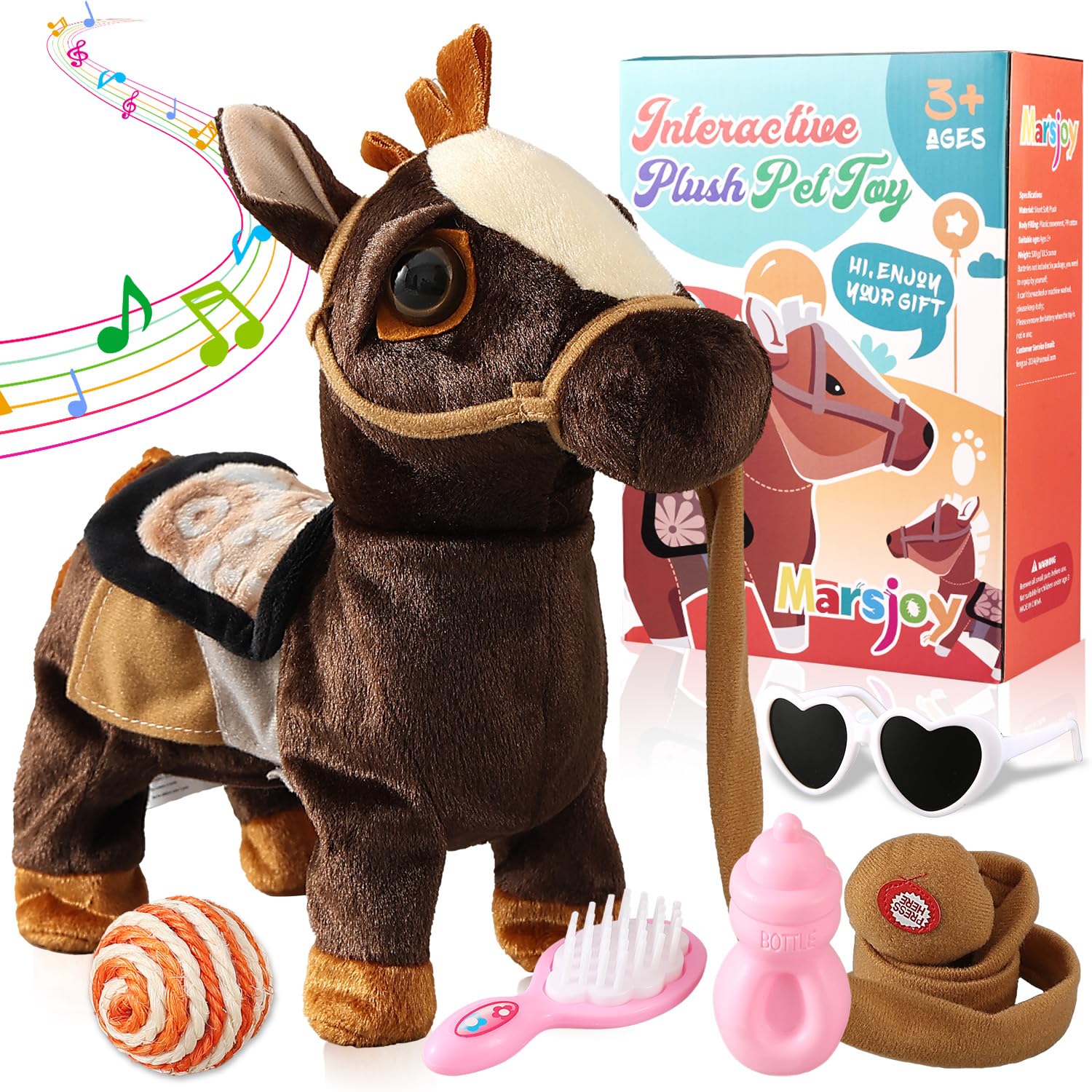 Marsjoy Black Horse Musical Singing Dancing Plush Interactive Pony Walk Along Robot Plush Stuffed Animal Walking Toy for Boys & Girls Kids or Toddlers H: 11.81"