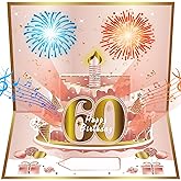 Turypaty 60th Birthday Cards Pop Up 3D Cake - Firework & Music & Blow Out Candle Light Funny - Happy 60 Party Decorations, Pink Gold 60th Birthday Card Gifts for Women, Friends, Mom, Wife, Girlfriend