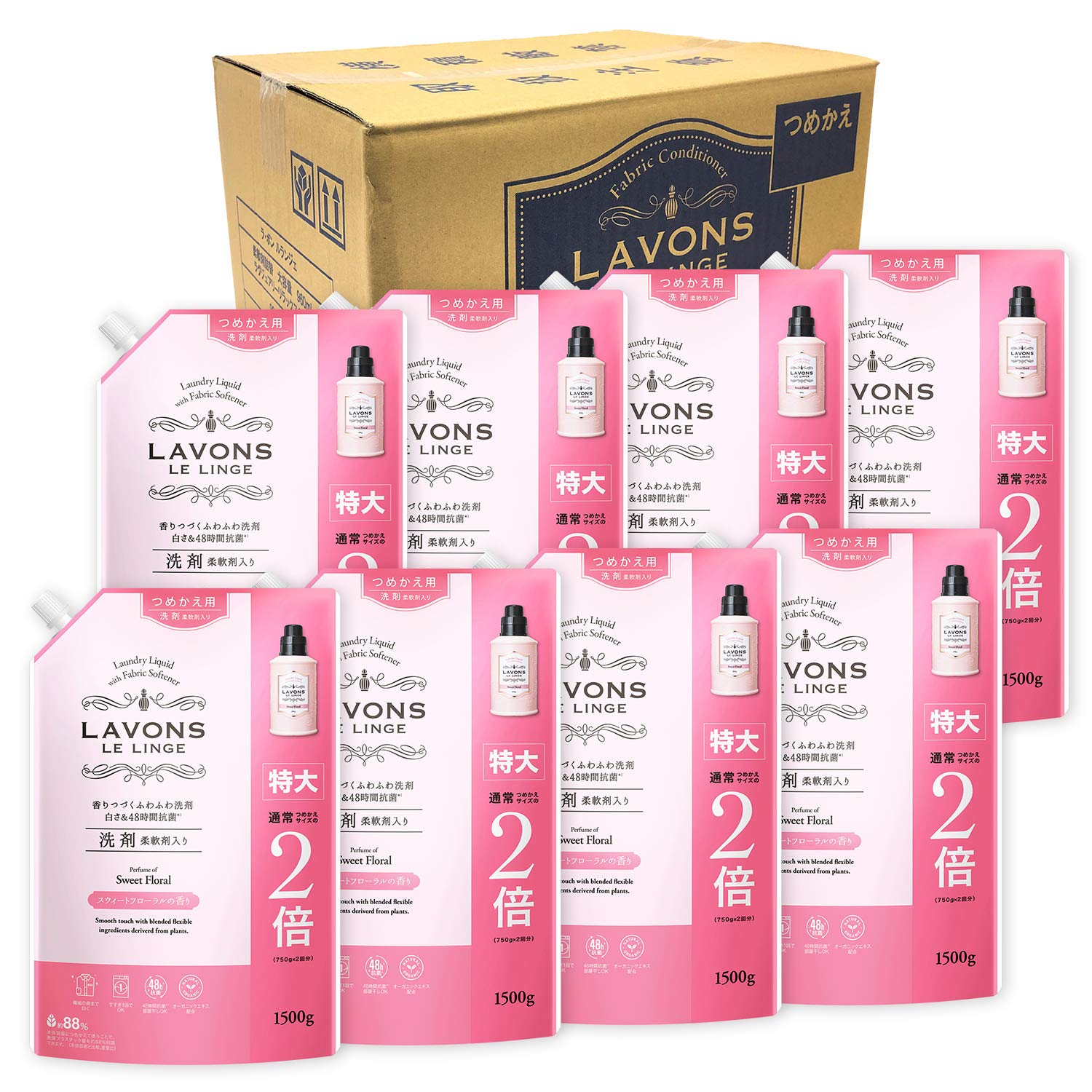 【ケース販売】 ラボン 柔軟剤入り 洗濯洗剤 スウィートフローラル 詰め替え 特大 1500g×8個 の商品画像