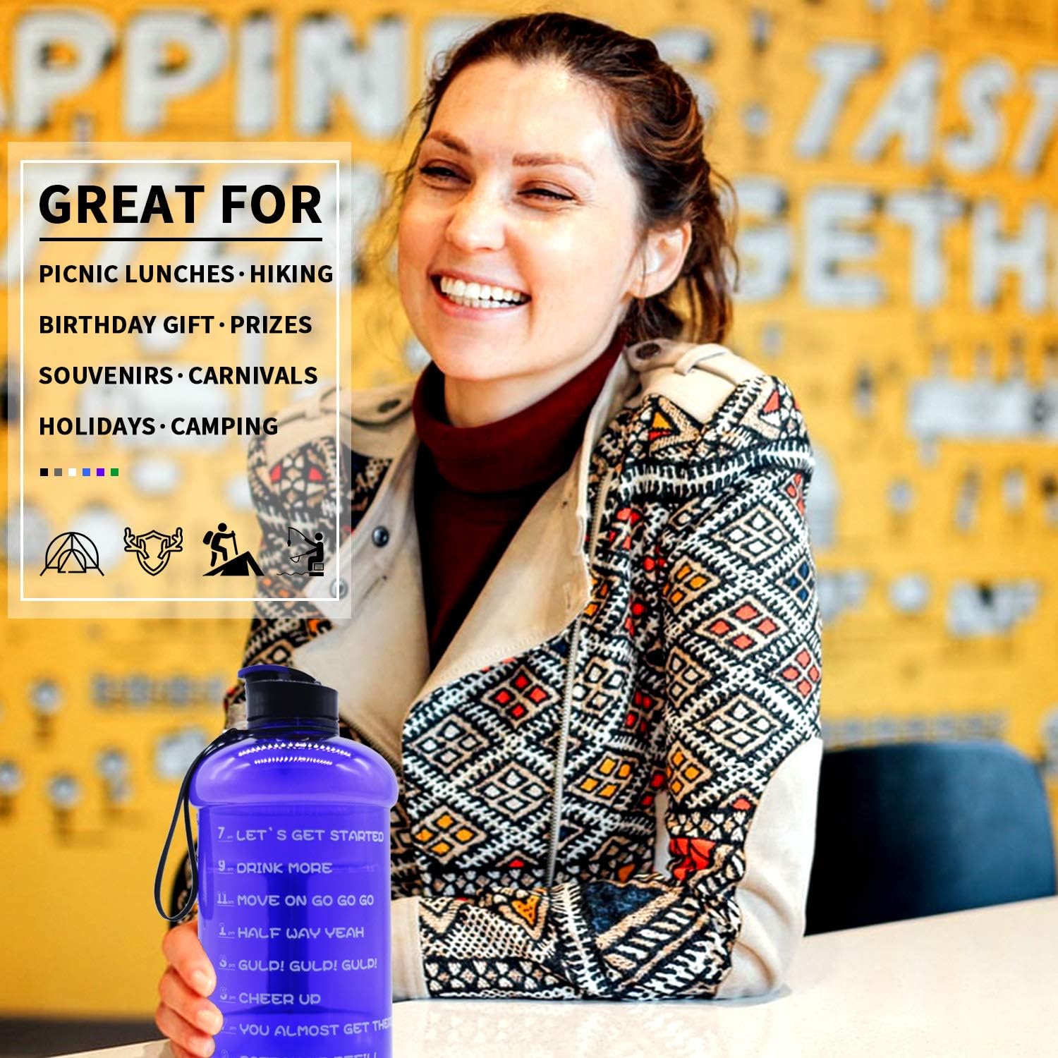 TOOFEEL Dishwasher Safe 2.2L Big Reusable Sports Water Bottle 75oz Half Gallon Water Jug with Mitivational Time Marker Container Large Capacity Canteen BPA Free Leak-Proof for Gym Fitness Athletic