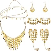 Inbagi Belly Dance Jewelry Set Women Belly Dance Gold Sequins Head Chain Coins Necklace Earrings Bracelets Bohemian Tassel Anklet Chain Hand Ring Bracelet Anklet Coin Veil Necklace