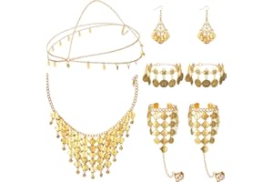 Inbagi Belly Dance Jewelry Set Women Belly Dance Gold Sequins Head Chain Coins Necklace Earrings Bracelets Bohemian Tassel Anklet Chain Hand Ring Bracelet Anklet Coin Veil Necklace