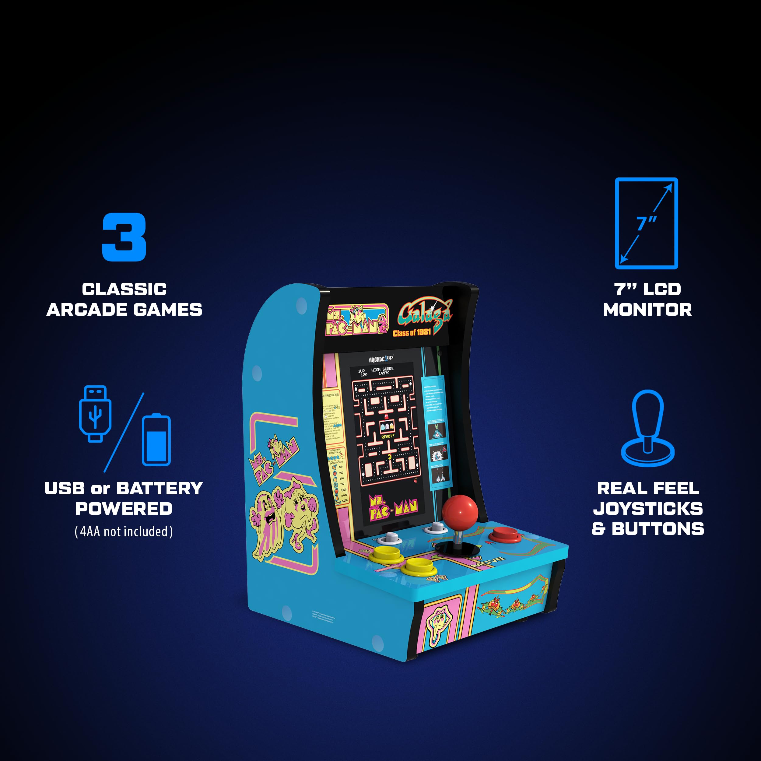 Arcade1Up Class of ‘81 Ms. PAC-Man/Galaga Countercade – 3 Classic Games, Retro Game Console for Home, Portable Console with 7-inch Screen, Table-top Video Game for Game Room