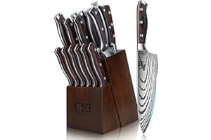 SHAN ZU Knife Set 16 pcs, Japanese Kitchen Knife with Block High Carbon Stainless Steel Ultra Sharp ...