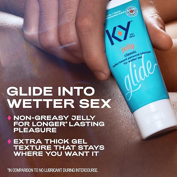 K-Y JELLY PERSONAL LUBRICANT, BODY-FRIENDLY WATER-BASED FORMULA, SAFE FOR ANAL SEX, SAFE TO USE WITH LATEX CONDOMS. GLIDE INTO A WETTER, BETTER EXPERIENCE EVERY DAY. FOR MEN, WOMEN, COUPLES, 4 FL OZ