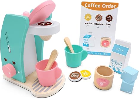 Brew Serve Wooden Coffee Maker Set Play Kitchen Accessories Encourages Imaginative Play 13 Pieces Upgraded Toy Coffee Set For Kids Fun And Colorful For Girls And Boys Cooking Baking Kits