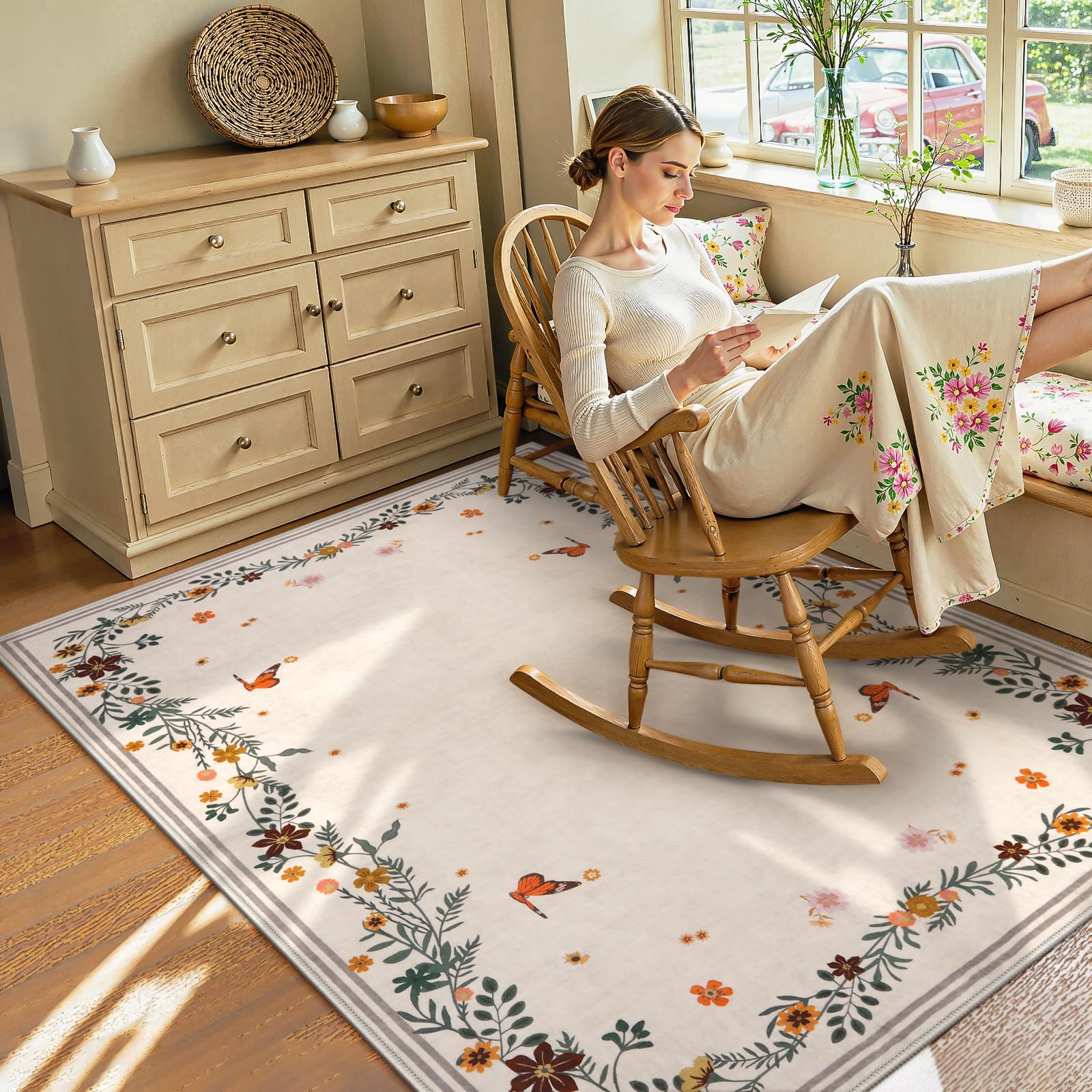Photo 1 of Beeiva Floral 5x7 Area Rugs, Soft Washable Rug for Living Room Carpet Boho, Non-Slip Bedroom Carpet for Dorm Office Ultra-Thin (Ivory,5'x7')