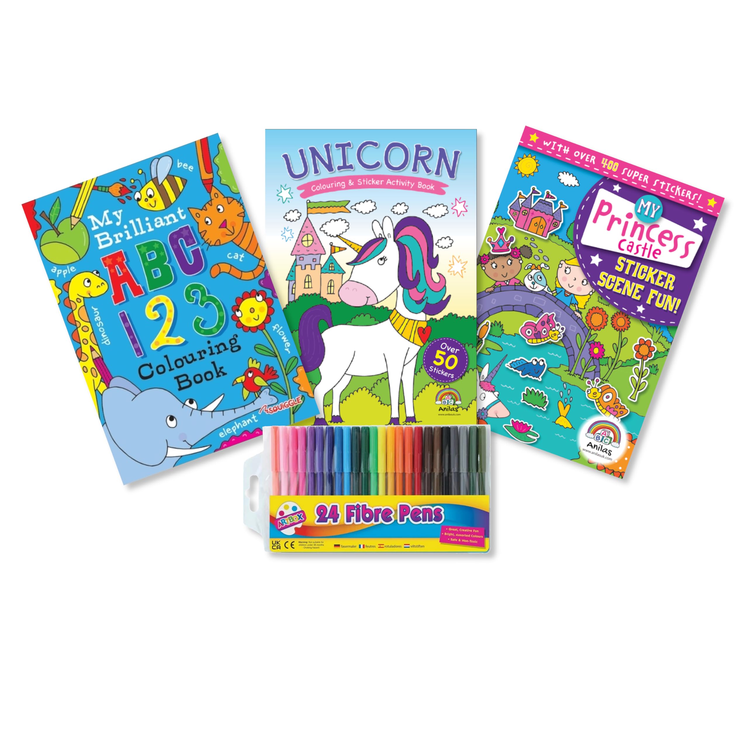Anilas Girls Unicorn & Princess Sticker Activity & Colouring Books with Educational Book and Free Pencils or Felt Tip Pens (Perfect for Girls Ages 4-8) (Felt Tip Pens)
