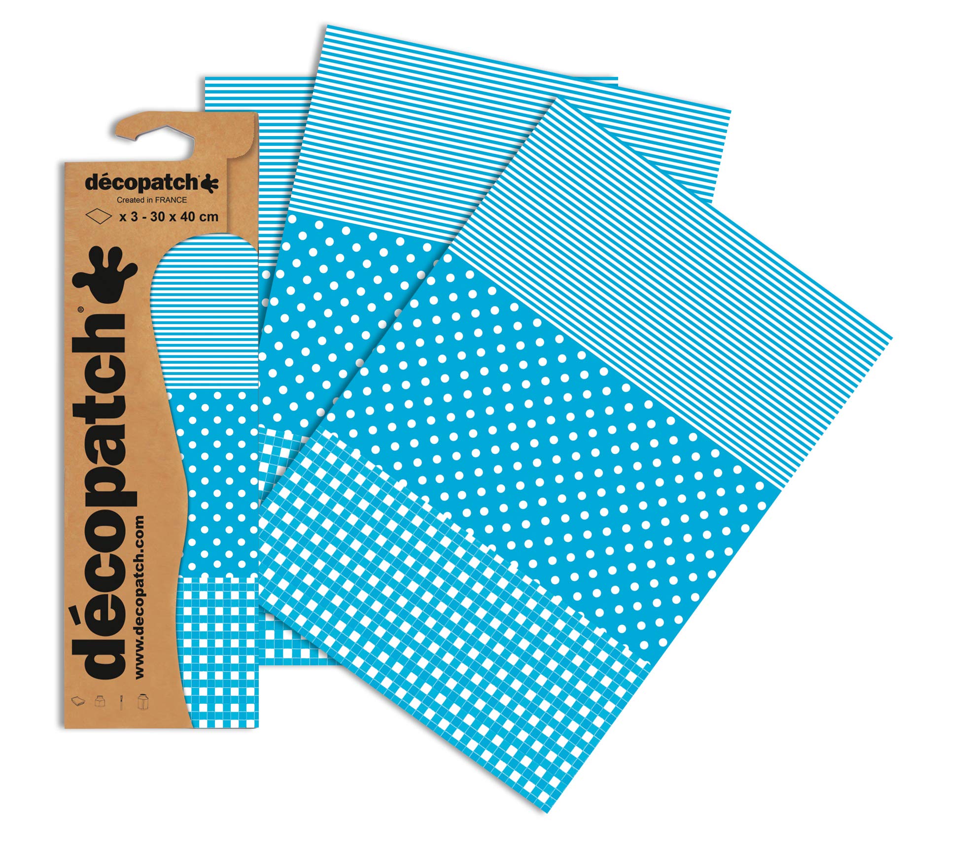 Décopatch Blue Spots, Stripes and Gingham Paper, 30x40cm (Pack of 3 sheets)