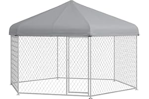 PawHut 13.4' x 11.5' x 8.8' Dog Kennel Outside, Heavy Duty Chain Link Dog Run Playpen Fence with Waterproof, UV Resistant Roof, Lockable Door, for Medium and Large-Sized Puppy, Silver
