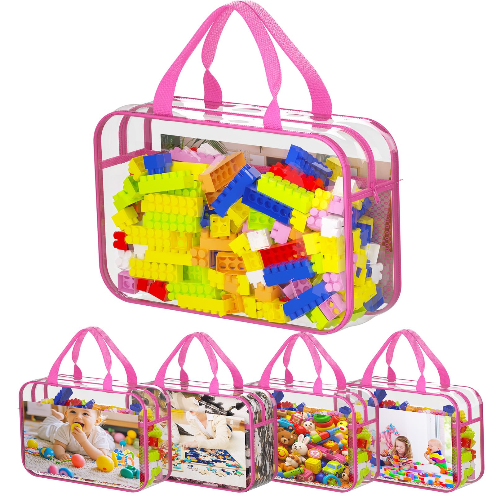 Toy Zippered Blocks Set Storage Bags for Kids - 4PC Large PVC Storage Organizer Bags with Mesh Side Pockets for Puzzle, Clay, Book, Small Models and Mini Plush Toys. 30x23x6.6 (Pink)