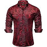 DiBanGu Mens Silk Paisley Dress Shirts,Long Sleeve Button Down Shirt Casual Regular Fit Shirt for Men Wedding Party