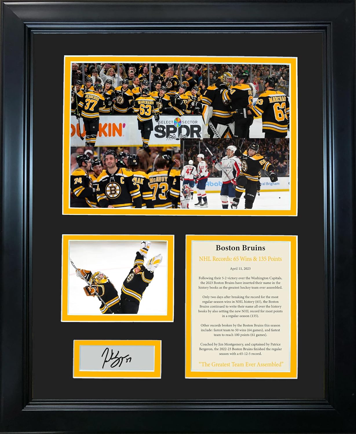 Photographs - Framed 2022-23 Boston Bruins The Greatest Team Ever Assembled Record Wins & Points - Patrice Bergeron Facsimile Laser Engraved Signature Auto 12