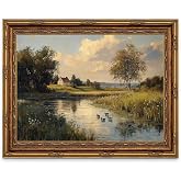 YVSRLX Gold Framed Vintage Landscape Wall Art, 12x16 Inch Lake Scene | Peaceful lake, cottage, trees and ducks with MDF backing and adhesive hook-and-loop strips for an easy no-drill display.