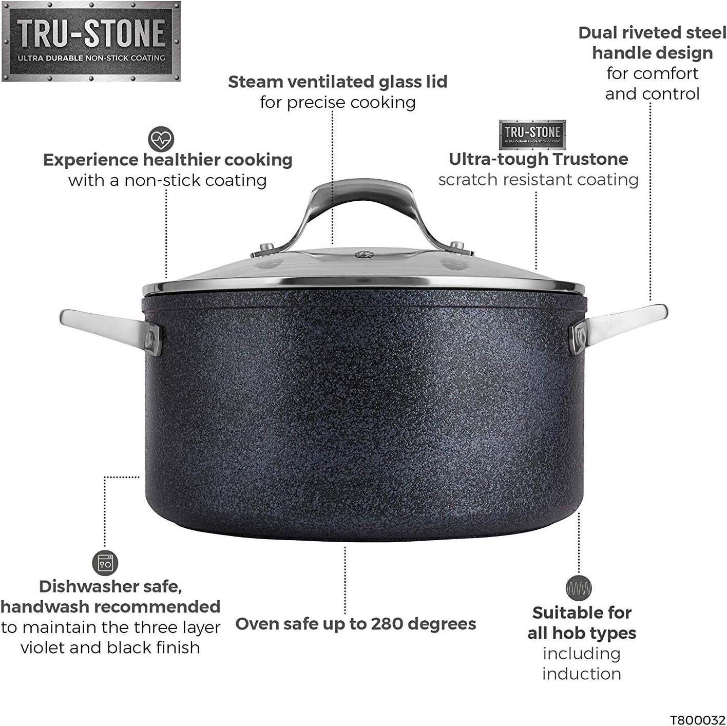 Tower Trustone Induction Casserole Dish with Lid, Non Stick Ceramic Coating, Easy to Clean, Dishwasher Safe, Violet Black, 24 cm - Image 3