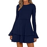 PRETTYGARDEN Womens Flared Long Sleeve Bodycon Mini Dress Formal Tiered Crewneck Slim Fit A Line Fall Short Cocktail Dresses