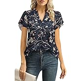 Uhiger Women Tops Dressy Casual Short Sleeve Blouses Petal Ruffle Shirts V Neck Chiffon Work Business Tunic Double Layer