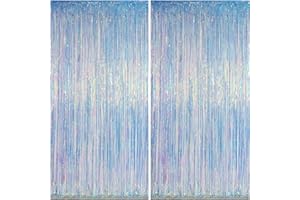 Melsan Iridescent Foil Fringe Backdrops Party Decorations - 3.2 x 6.56 ft Metallic Tinsel Photo Backdrop Curtains for Ocean Princess Birthdays Parties - Iridescent 2 Packs