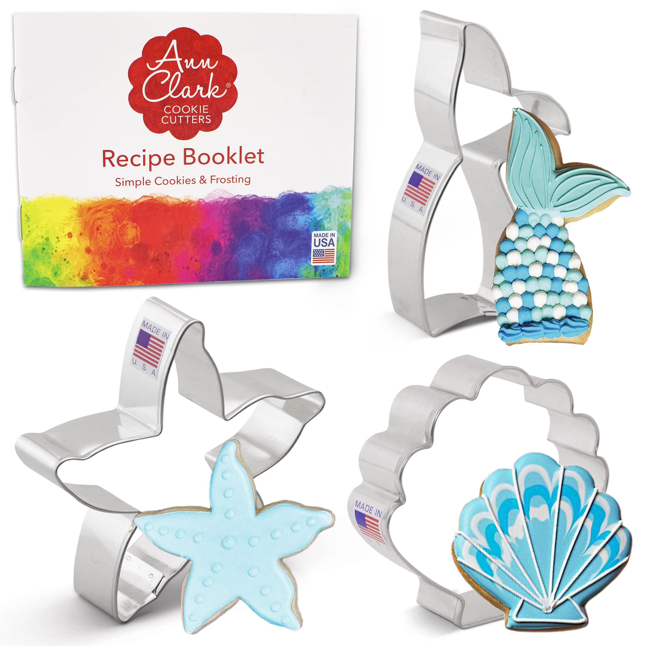 Mermaid Ocean Cookie Cutters 3-Pc Set Made by Ann Clark, Mermaid Tail, Starfish, Seashell