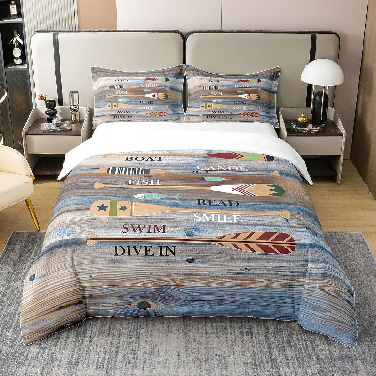 100% Cotton Lake Paddle Duvet Cover,Lake House Boating Bedding Set Gift for Lake Lover,Vintage Rustic Farmhouse Comforter Cover,Farmhouse Camping Bed Sets with 2 Pillow,King