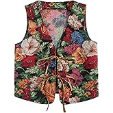 Verdusa Women's Vintage Floral Print Bow Tie Cowgirl Vest V Neck Sleeveless Jacket Outerwear