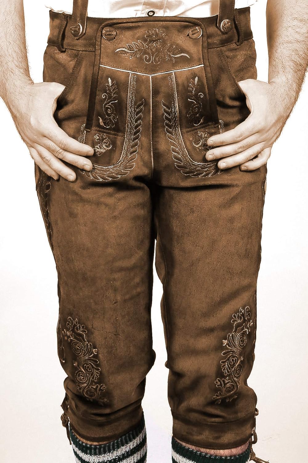 Knee Long Trachten Bundhosen Dark Brown, Authentic German Mens Lederhosen Long Oktoberfest Costume: Clothing