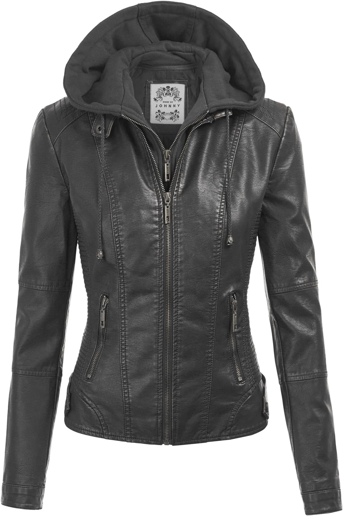 Made By Johnny MBJ Womens Faux Leather Motorcycle Jacket with Hoodie
