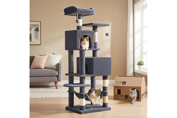 Feandrea Cat Tree Tower, 155 cm, 2 Perches, Hammock, Smoky Gray | Multi-Level Cat Condo with 5 Scratching Posts, 2 Caves, 2 P