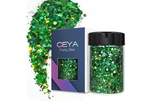 Ceya Holographic Chunky Glitter, 3.5oz/ 100g Green Craft Glitter Powder Mixed Chunky & Fine Flakes Iridescent Nail Sequins fo