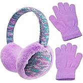 W&LESVAGO Kids Cat Ear Earmuffs with Matching Gloves, Winter Plush Ear Warmers and Sequin Headband Set for Girls