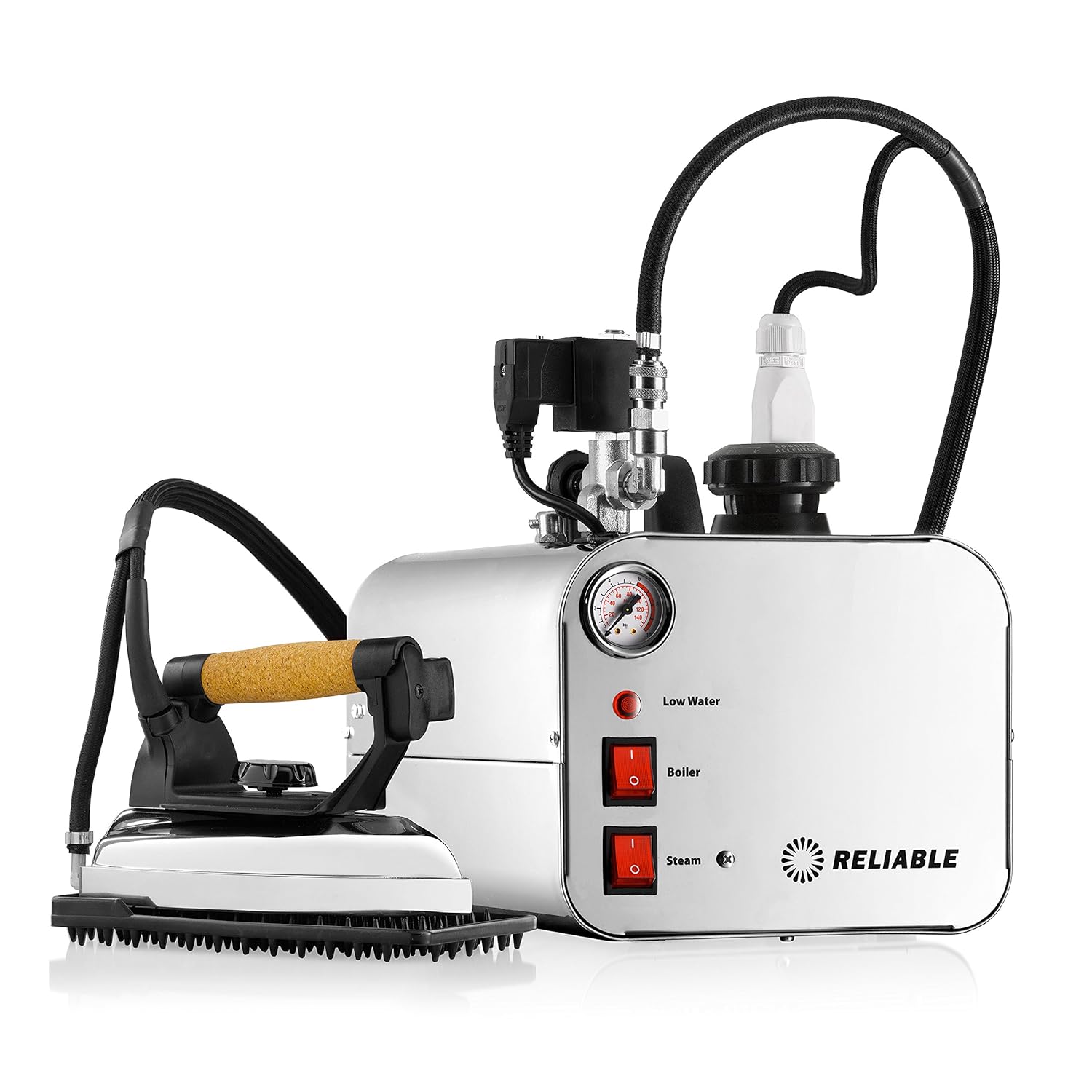 Reliable 5000IS/2150IR Professional 2/3-Gallon Ironing Station W/Extra Long Steam Hose 11.5', 50 PSI, Stainless Steel Tank, Coper Heating Element, Aluminium Soleplate, 1800W Total, Made in Italy