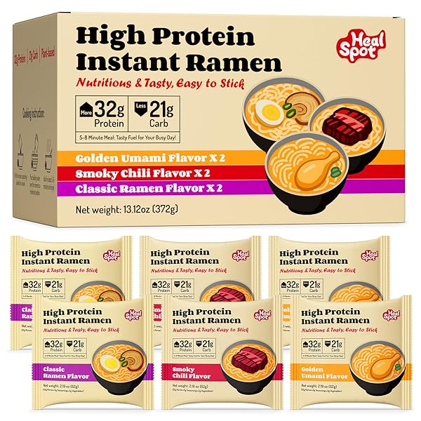 HEALSPOT HIGH PROTEIN INSTANT RAMEN VARIETY PACK, 6 PACK NON FRIED RAMEN BROTH, 32G PLANT BASED PROTEIN, LOW FAT, LOW CARB, NON GMO, KETO FRIENDLY & PLANT BASED (GOLDEN-CHICKEN,SMOKY-BEEF,CLASSIC-PORK）