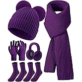 Geyoga 6 Pcs Winter Warm Fleece Knit Hat Long Scarf Touchscreen Gloves Ear Muffs Socks Sets, Winter Warm Gifts for Women