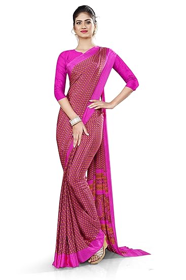 Uniform Sarees Corp Womens Dark Small Print Italian Silk Crepe Hotel Uniform Saree With Blouse (Rani)