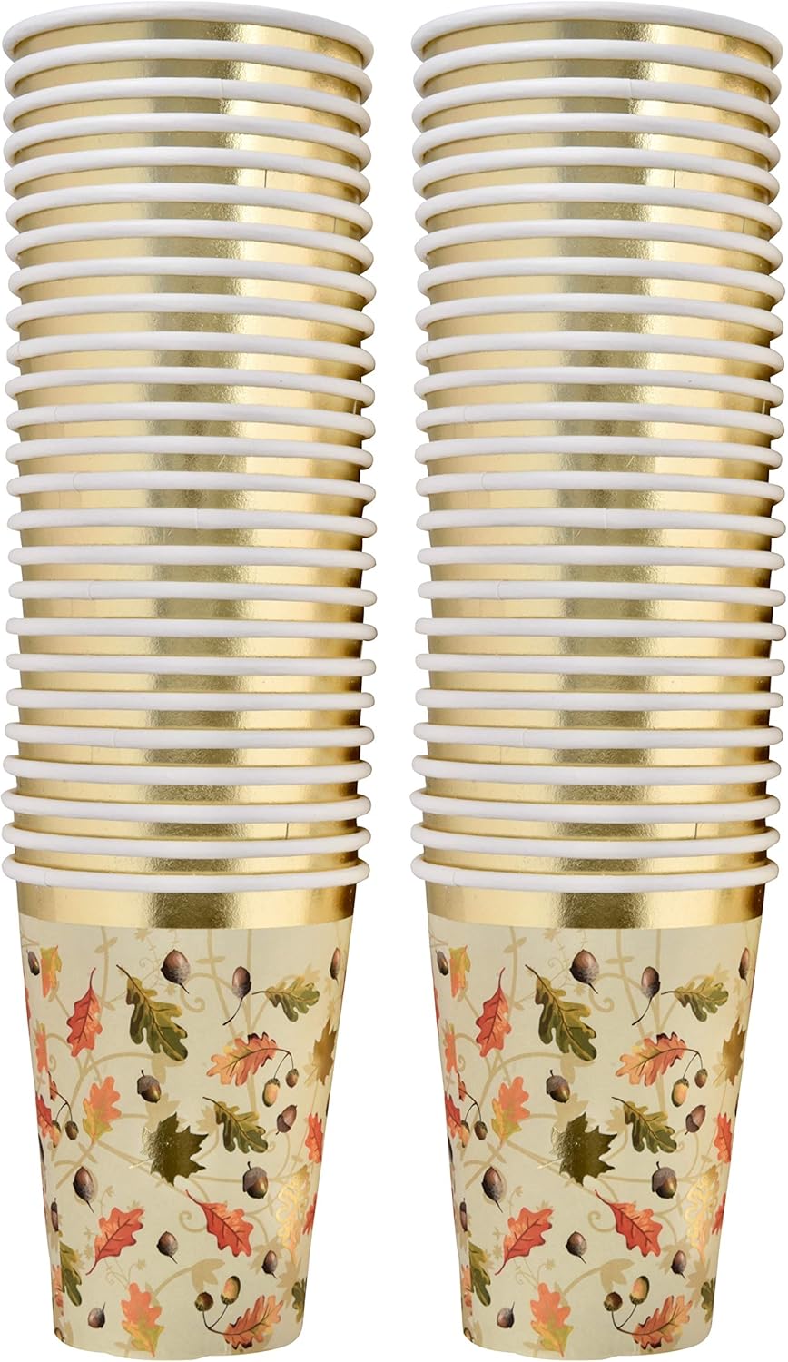 50 Thanksgiving Party Cups 9 oz. Disposable Paper Cup in Elegant Autumn Leaves