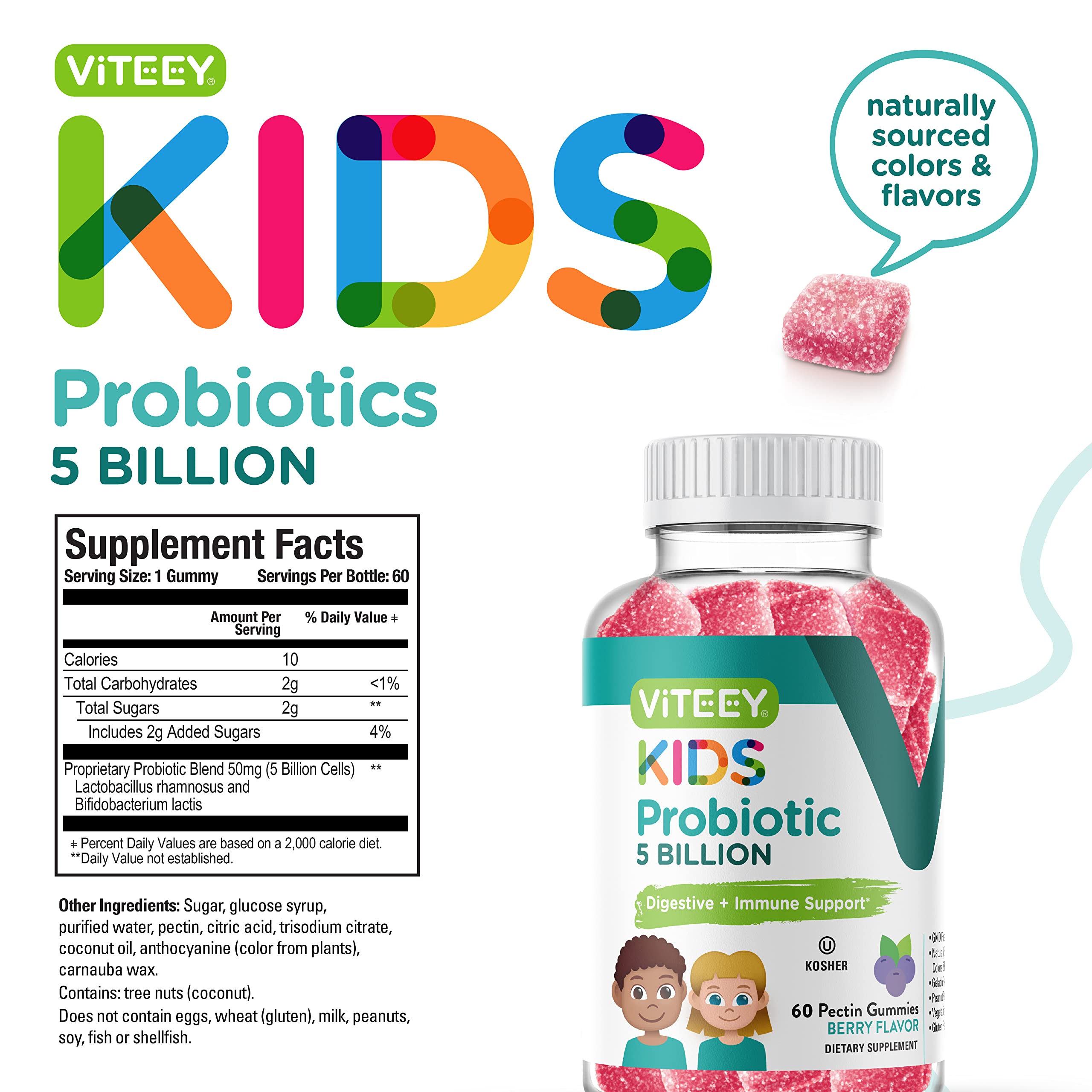 Probiotic Gummies for Kids - 5 Billion CFUs - Probiotics Kids Constipation Relief, Natural Immune & Digestive Health Support - Vegetarian, Gelatin Free, GMO Free - Tasty Chewable Berry Flavored Gummy